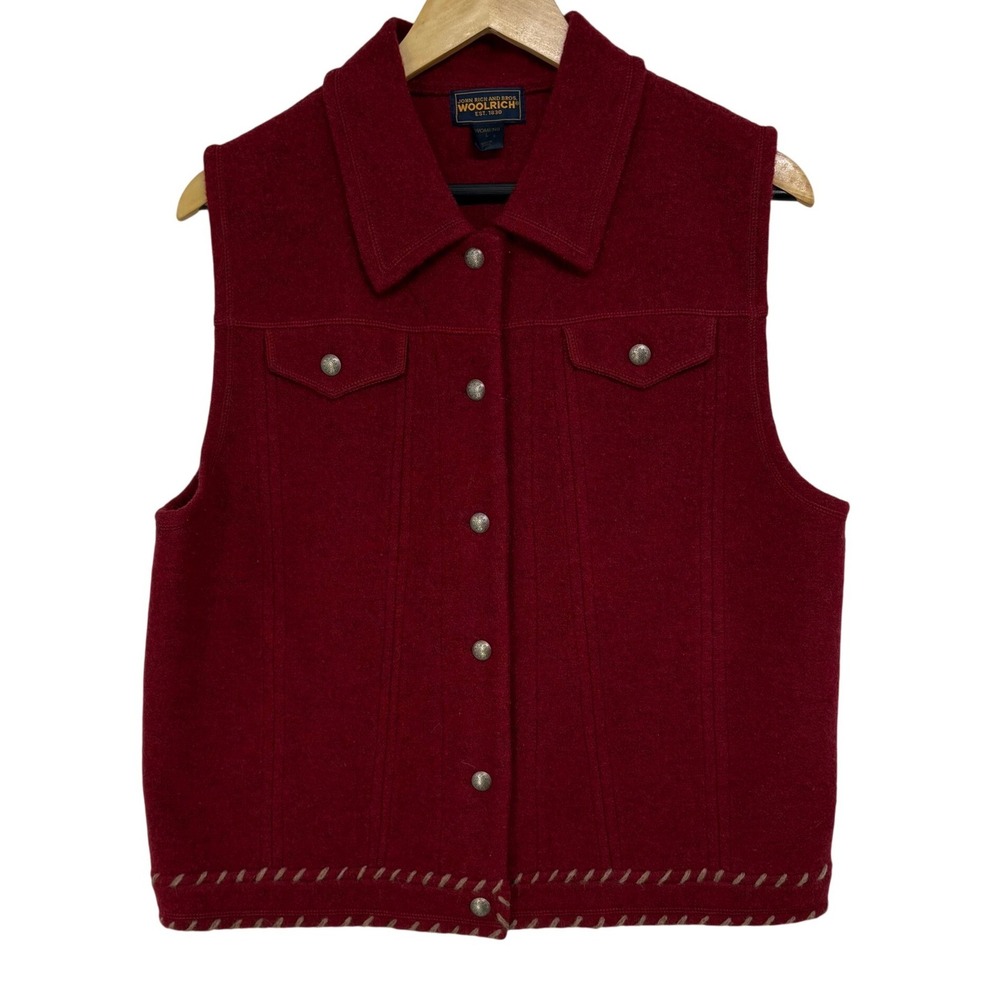 Woolrich John Rich & Bros Womens Claret Red 100% Wool Whipstitch Vest L 9145